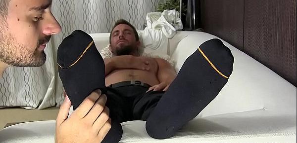  Hunky businessman feet worshiped while jerking off